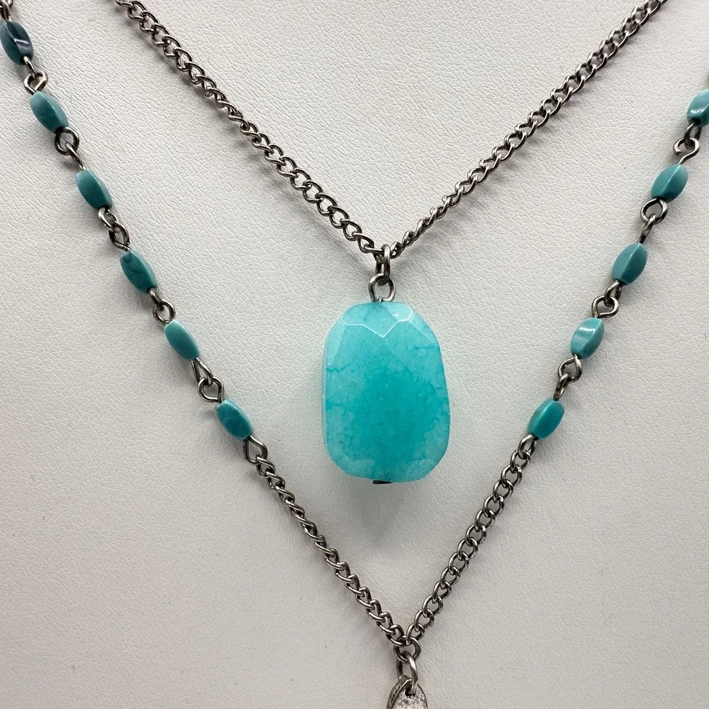 Vintage Y2K Multi Stand Necklace Silver Tone Faux Turquoise Jewelry